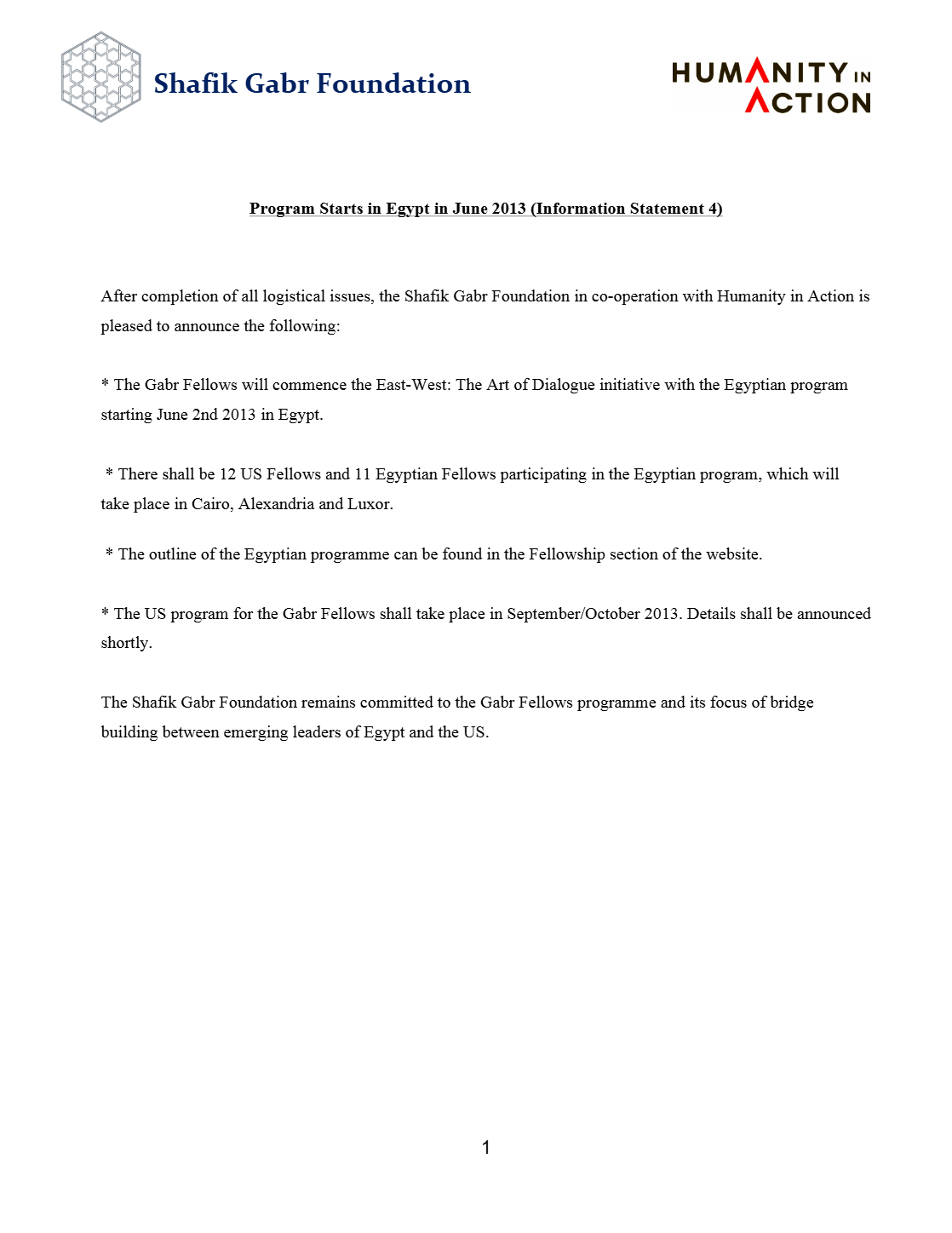 Program starts in Egypt in June 2013