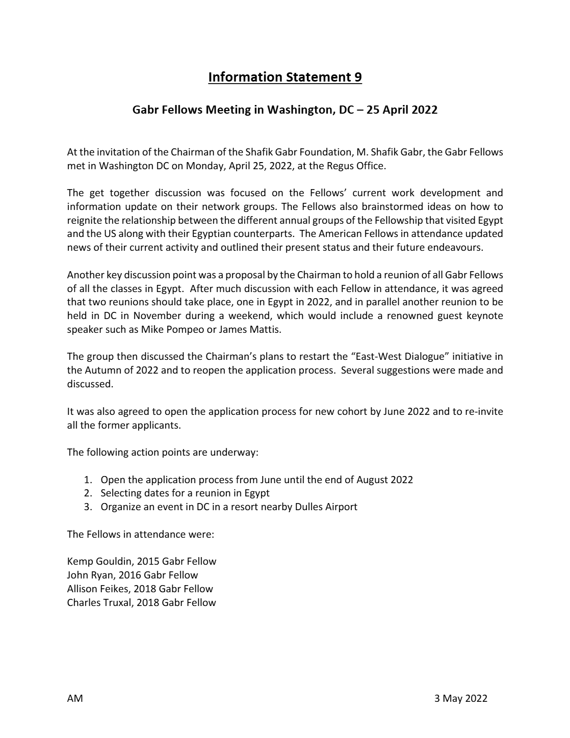 Gabr Fellows Meeting in Washington, DC – 25 April 2022