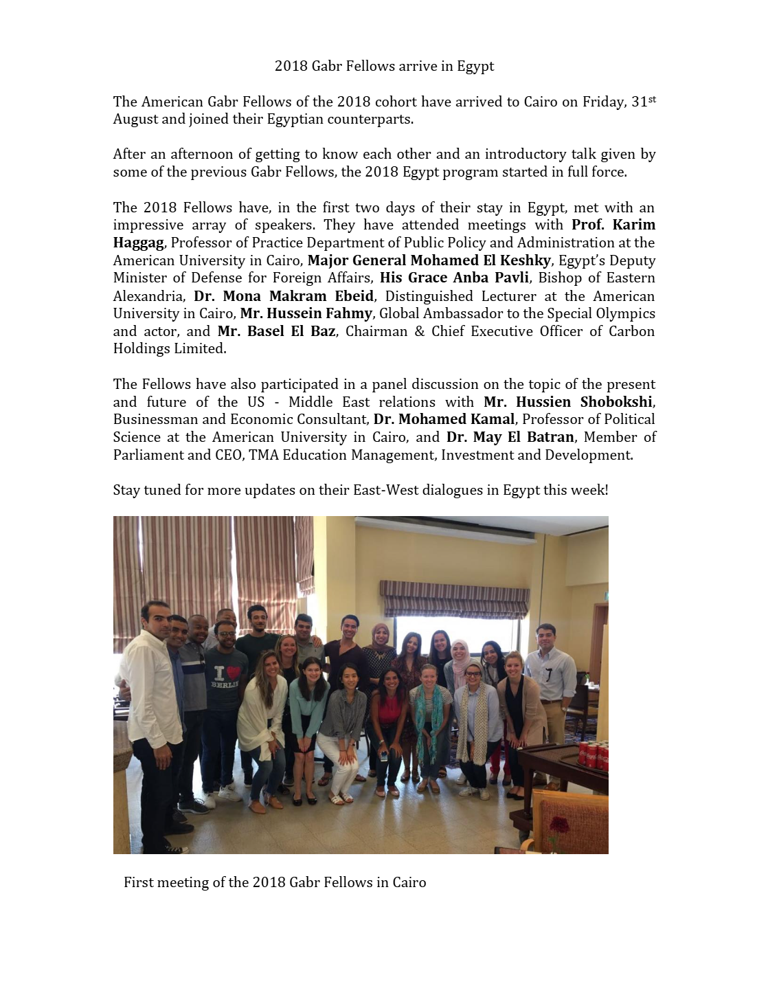 2018 Gabr Fellows arrive in Egypt
