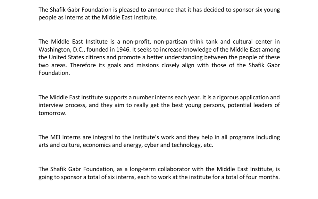 Shafik Gabr Foundation Will Sponsor Six Young People as Interns at the Middle East Institute