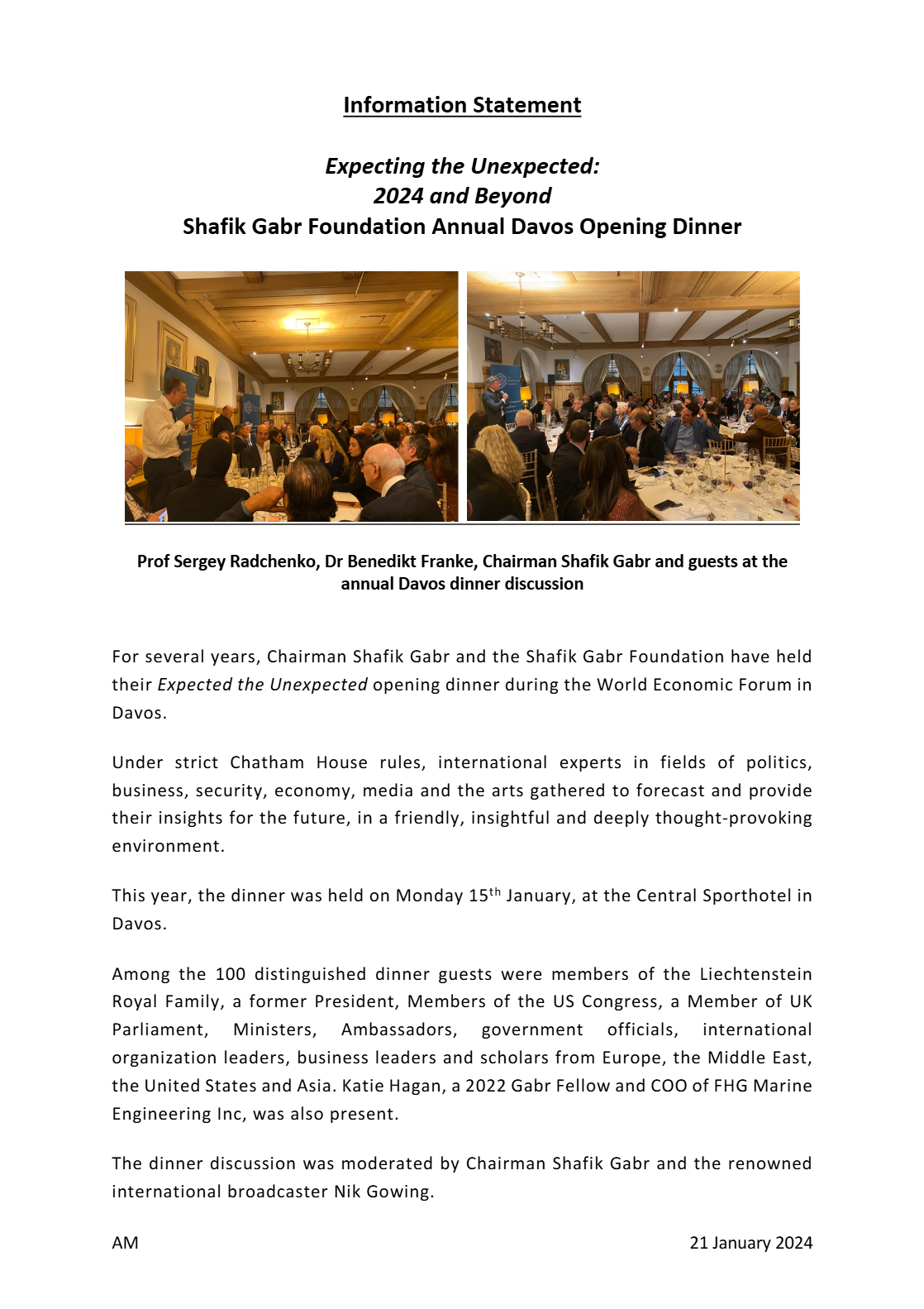 Expecting the Unexpected – Davos Dinner – 15 January 2024