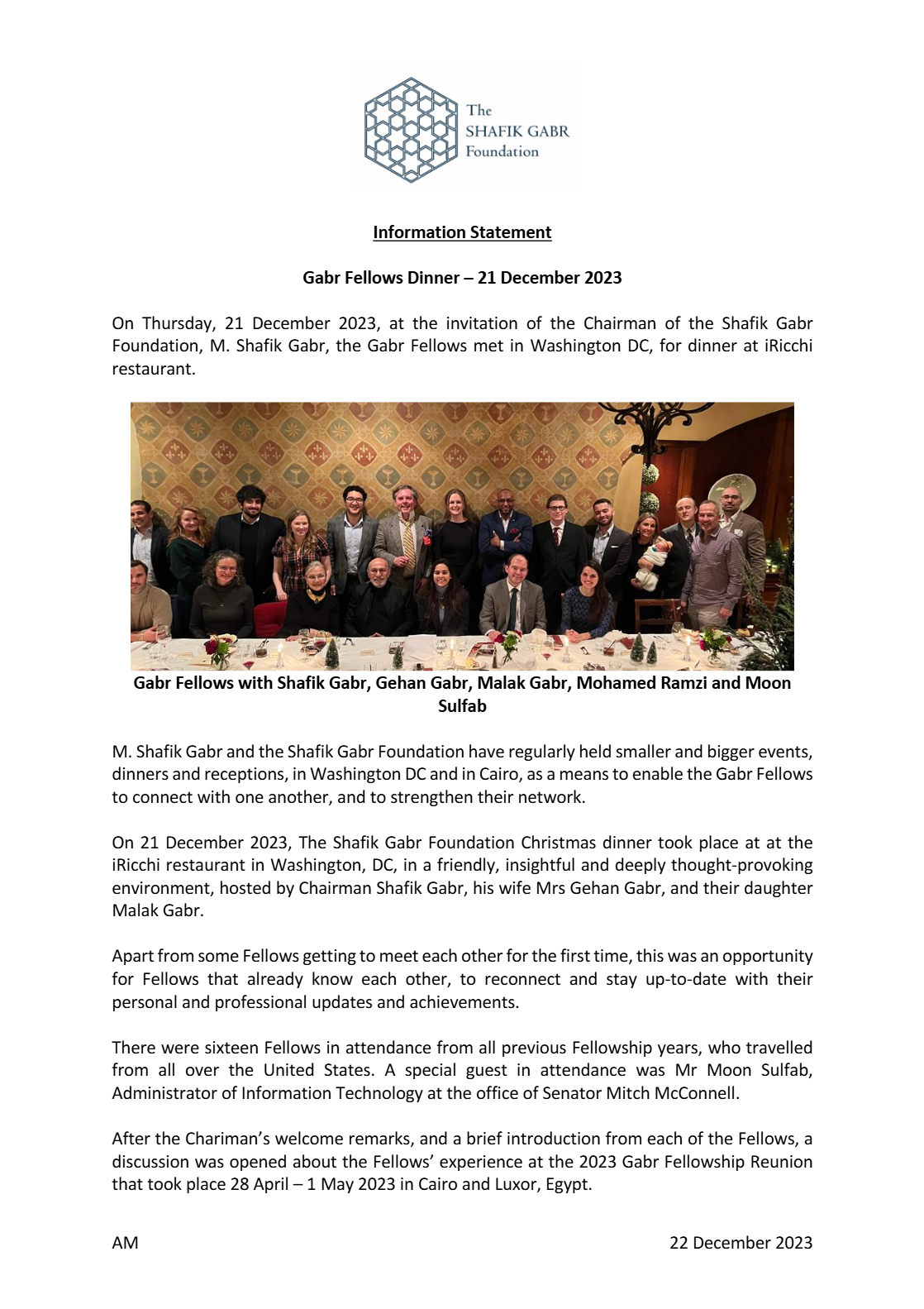 Gabr Fellows Dinner – 21 December 2023